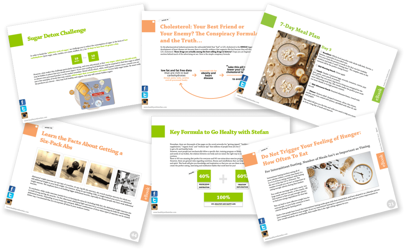 Several open ebook pages about health and wellness, featuring topics like diet plans, detox challenges, and exercise tips, are splayed out in a fan-like manner on a dark green background.