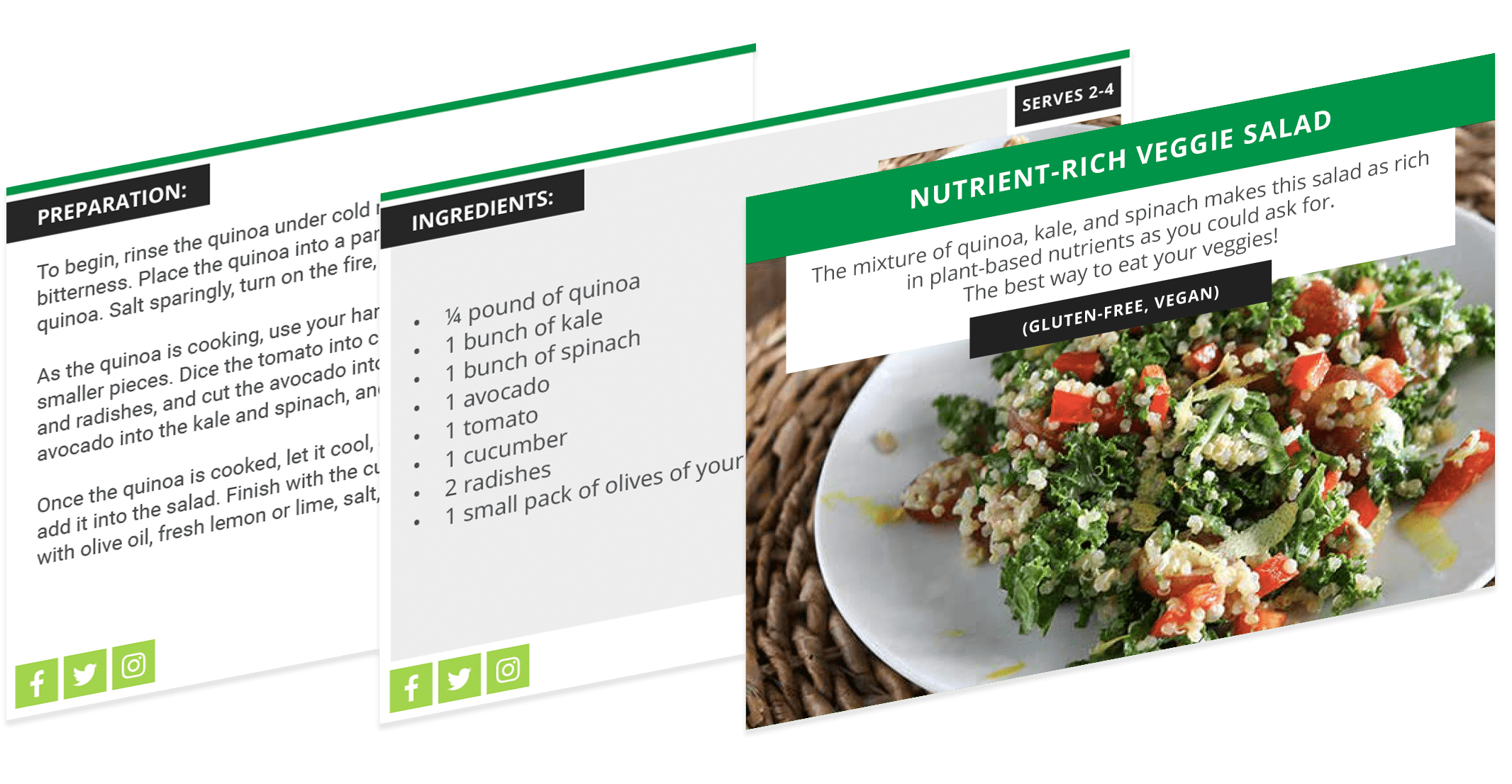 Three recipe cards are shown fanned out diagonally. The front card displays a vibrant close-up of a Nutrient-Rich Veggie Salad with quinoa, kale, and tomatoes on a white plate, labeled "Gluten-Free, Vegan." Partially visible cards behind it detail the preparation steps and a list of ingredients for the salad.